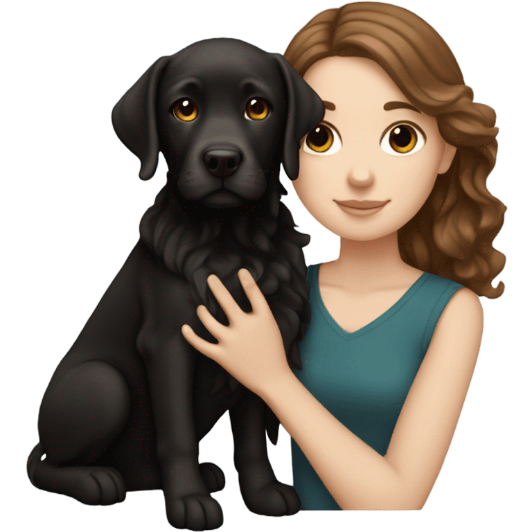 White girl with wavy brown hair holding a black Labrador emoji