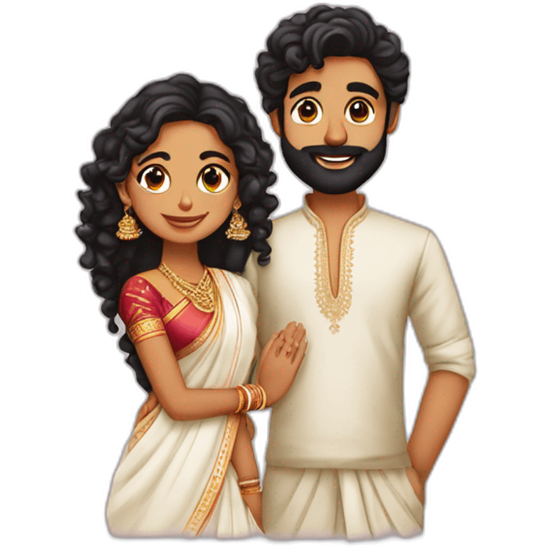 south indian girl with curly hair marrying south indian guy with straight hair and beard wearing dhoti emoji