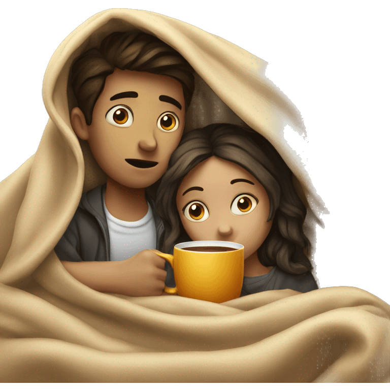 tired Boy and girl  inside a blanket sipping coffee eyes opened emoji