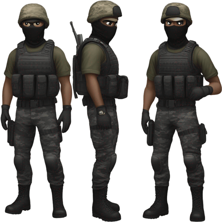 White male, call of duty black mask, tactical gear, camo pants, combat boots, black beanie, blue eyes emoji