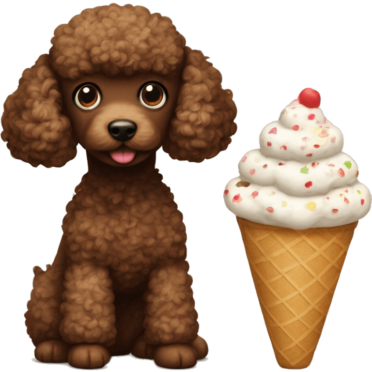 Two brown toy poodles. One is smaller than the other one. One is eating ice cream, the other one I watching emoji