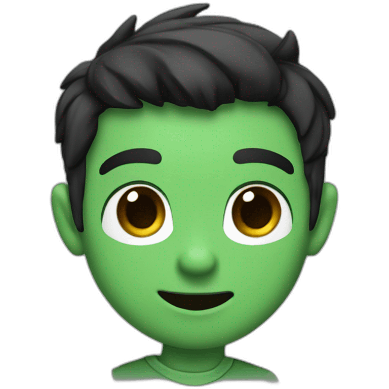 An imp with black hair and brown eyes and a smile in a green shirt with a white T-shirt and with dark brown horns on his head that turn blue at the ends emoji