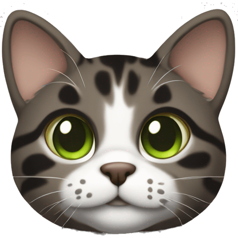 Dark brown and black and dark grey tabby dark brown black spotted with white paws cat with brown-green eyes and white neck sits emoji