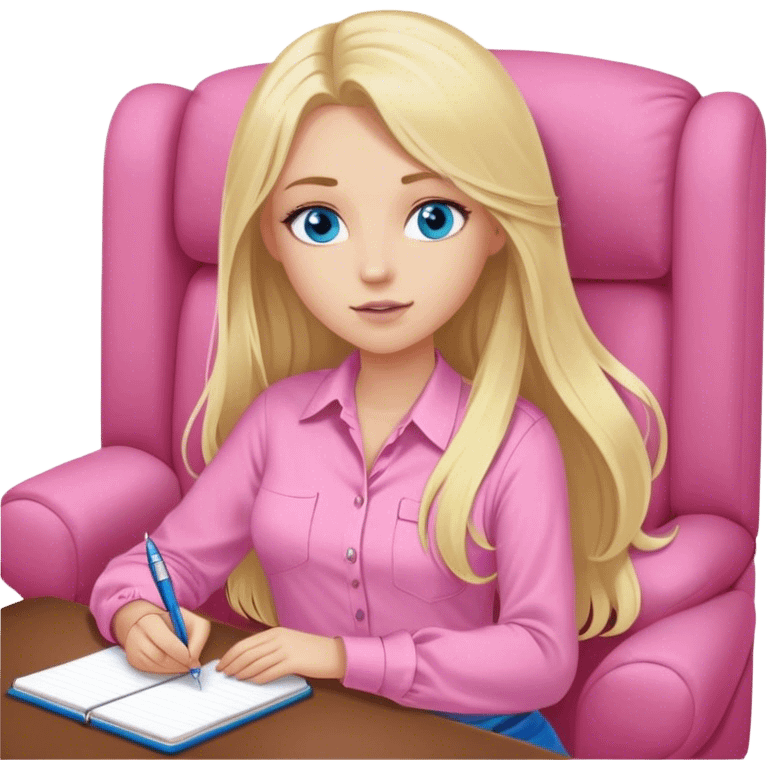 A cinematic realistic blonde with long hair and blue eyes, dressed in a pink shirt, sits on an armchair with a notebook and pen in her hands emoji