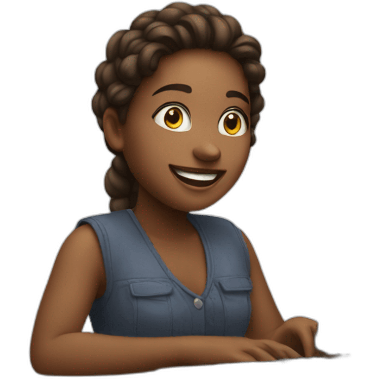 An enthusiastic young artist and behind her computer emoji