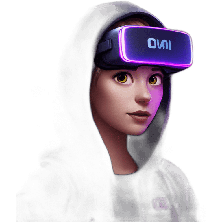 Russian girl wearing a black hoodie with "OMG" letters on it and VR headset in a cyberpunk VR environment with violet neon lighting. emoji