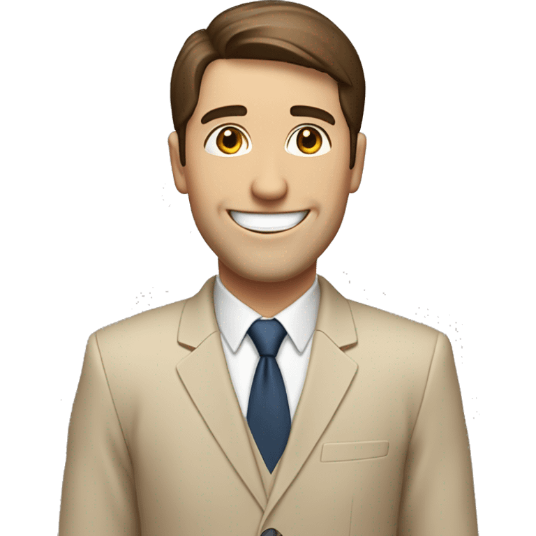 bussines man with short straight brown hair. big smile. fair skin 
and body zigs up to the hearth where you see a neat beige suit emoji