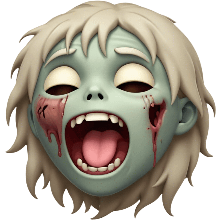 Cinematic Cute Yawning Zombie Portrait Emoji, with a delightfully quirky, slightly disheveled face in muted ashen tones, head tilted back in a big, funny yawn that reveals quirky stitches and playful gaps, simplified yet irresistibly charming, highly detailed with a soft, eerie glowing outline capturing the sleepy, offbeat vibe of a zombie taking a nap! emoji