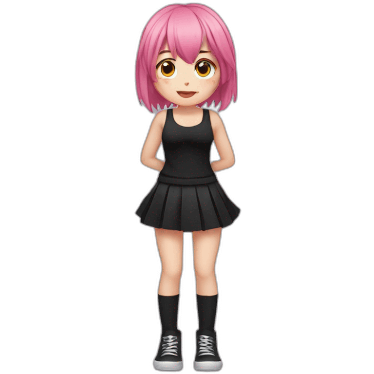 Full body Front view curvy emo girl pink hair sits on the floor straight view hands up black skirt полосатые рваные чулки emoji