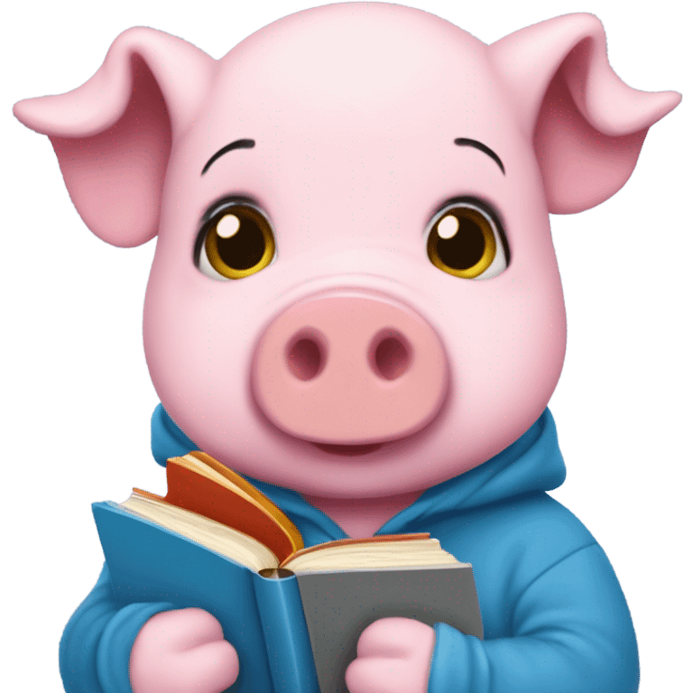 Cute pig beanie baby wearing a blue hoodie with books on it, reading a book called Little Women emoji