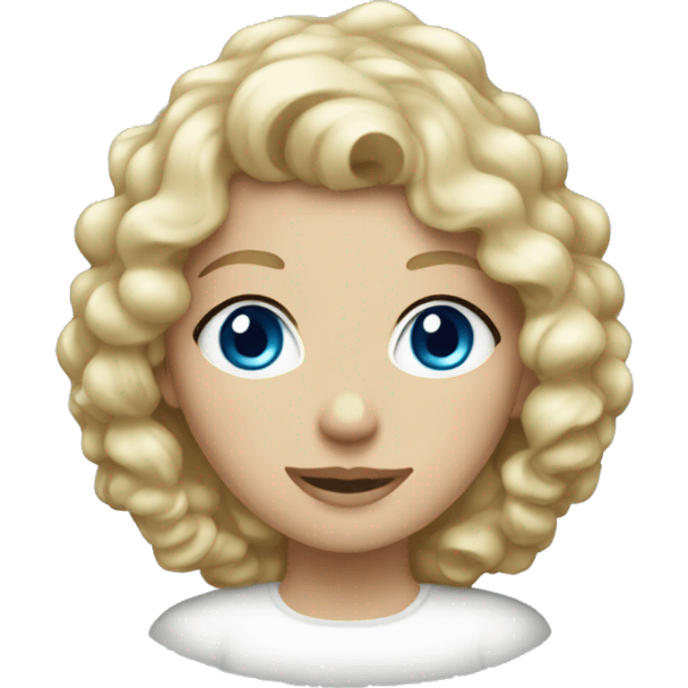 White lady with curly blonde hair and blue eyes wearing a Christmas hat emoji