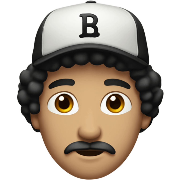 White guy with long/medium length black hair and a baseball hat. Brown eyes and a classic mustache and NO beard. Black hair emoji