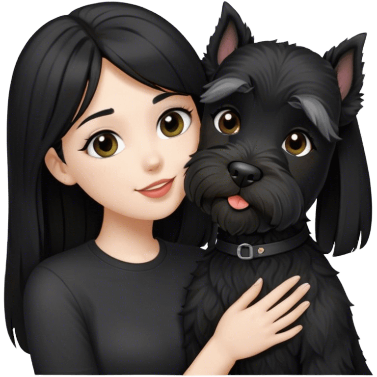 pale girl  with light eyes and long black hair wearing black shirt kissing female schnauzer holding smiling black schnauzer  emoji