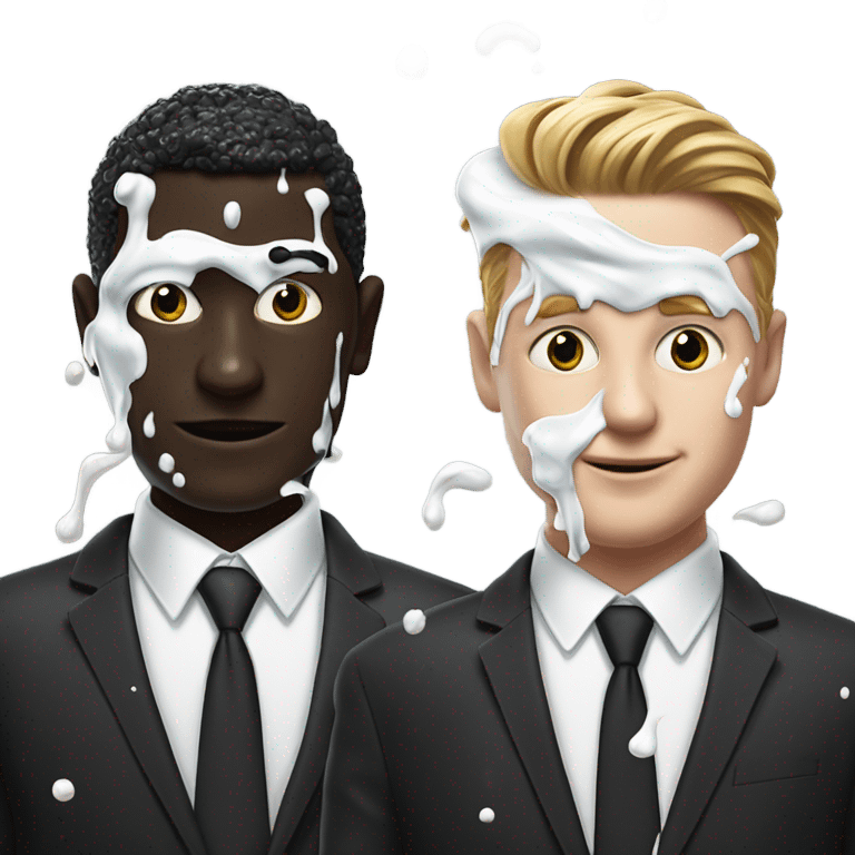 Two men covered in yogurt wearing black suits with yogurt on both of their heads, and more yogurt on their suits, but white skin, and wearing black jackets emoji