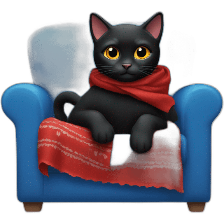 A black cat with a red bandana clawing at a blue sofa emoji