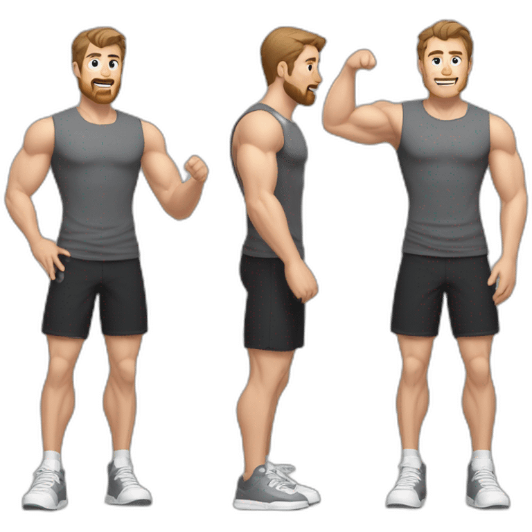 Full height Actively gesturing with hands Pale skinned Fit Man With the biceps and brown hair in dark gray Sleeveless Mike, black oversize sports shorts and white Sneakers emoji