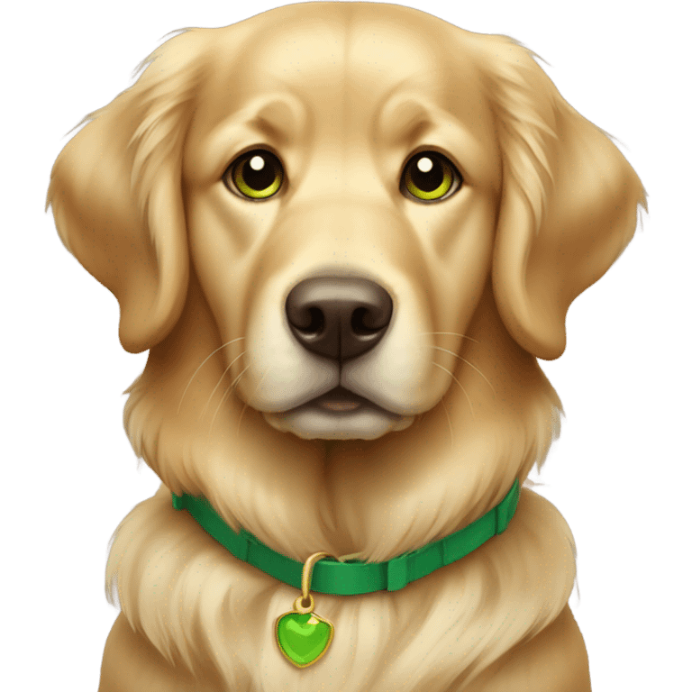 Golden retriever with a green collar and brown eyes emoji