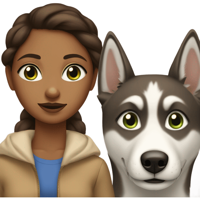 Brown girl with blue eyes next to a female Husky beige golden with green eyes emoji