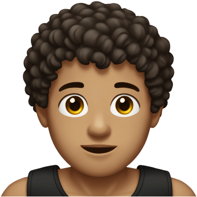 Boy with hair shaved on the sides and curly hair on top, dark brown eyes, wearing black tank top emoji