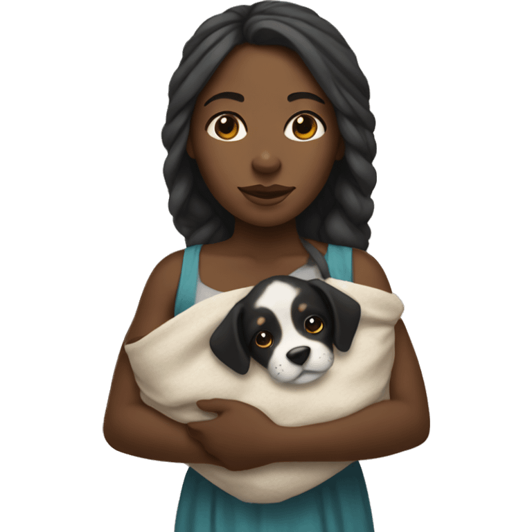 black girl with long hair wrapped in a banket with a puppy in her arms emoji