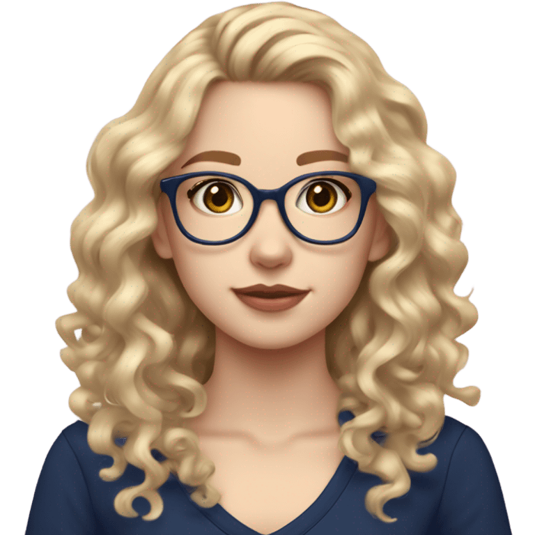 Blonde teen girl with long curly hair and clear glasses and pale skin and pink hued lips and navy blue shirt emoji