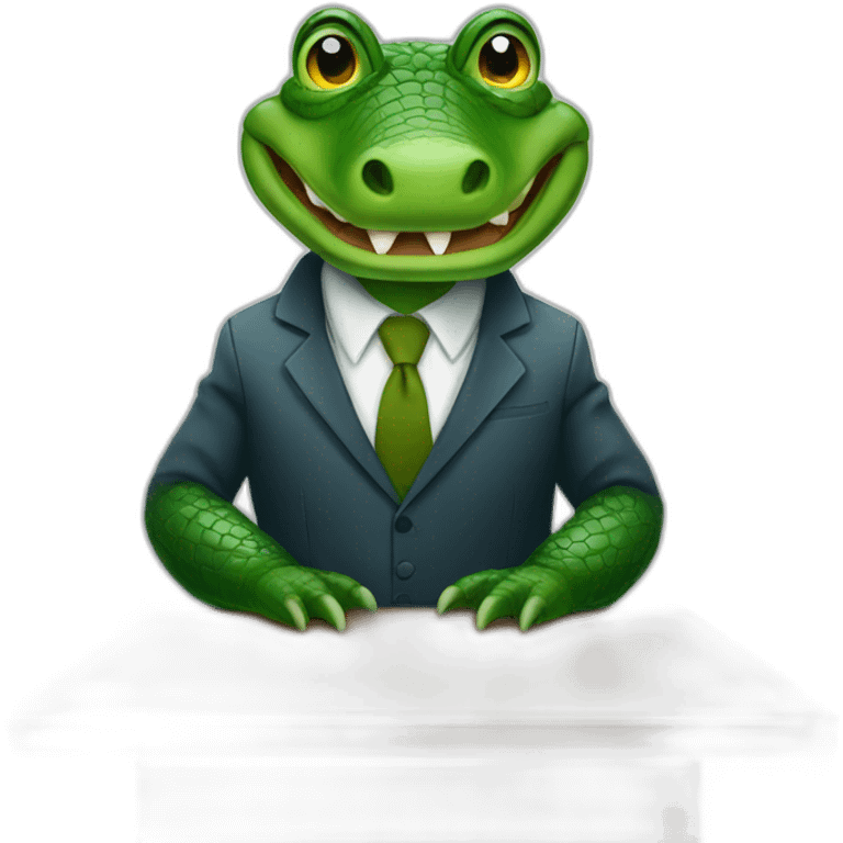 An alligator wearing a suit sitting on a table looking straight emoji