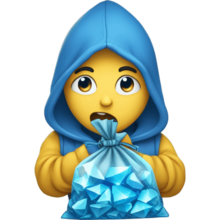 Person looking hungrily at blue crystals in small bag emoji