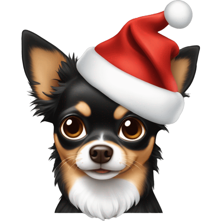 Black and brown Chihuahua long hair with a Santa hat on￼ emoji