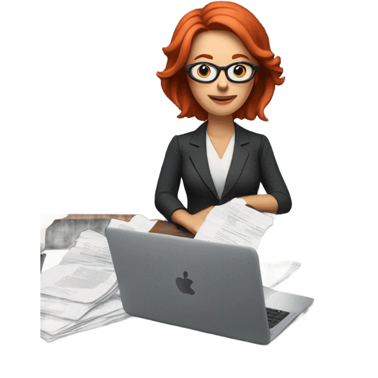 red hair woman wearing glasses desk monitor stack paper emoji