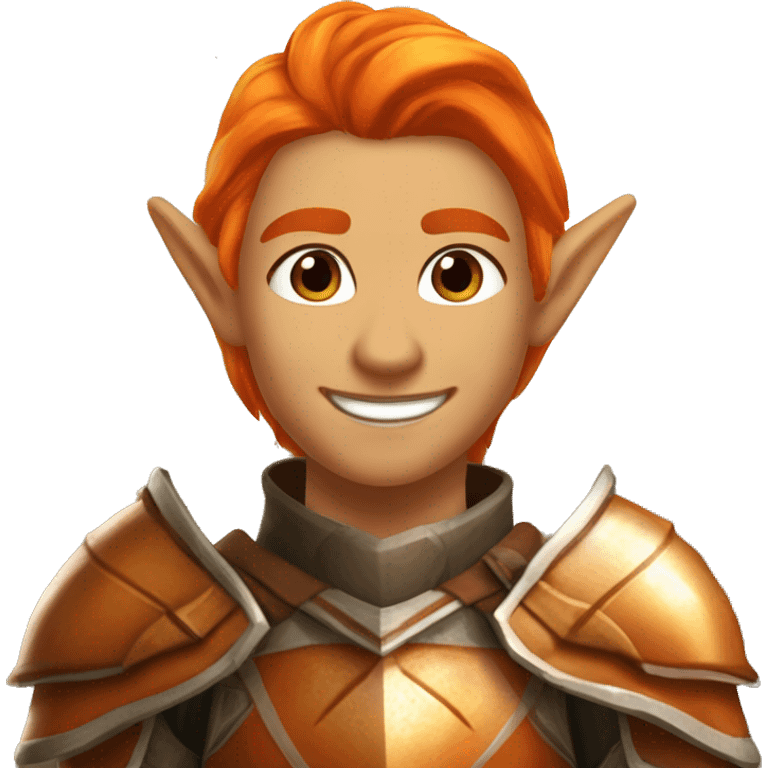 Autumn Eladrin Elf with a charismatic smile and orange hair. Wearing shiny elaborate armor with silver, orange, and brown tones, similar to the colors of autumn.  emoji