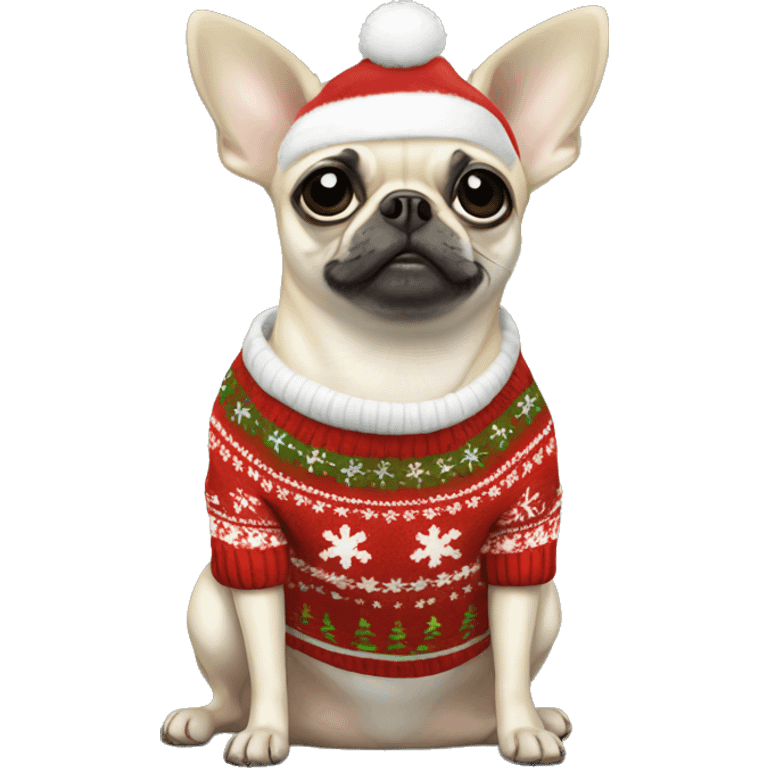 White, chihuahua-pug wearing a Christmas sweater emoji