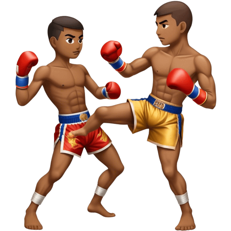 Cinematic Realistic Traditional Muay Thai Emoji, depicted as an intense dynamic martial arts scene featuring a fighter in traditional Muay Thai stance and attire, rendered with rich textures and energetic dramatic lighting that captures the sport's raw power. emoji