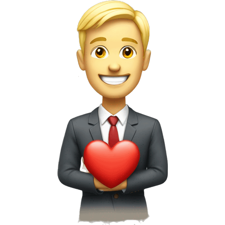 Happy smiling businessman holds a heart forward. white skin yellow hair emoji