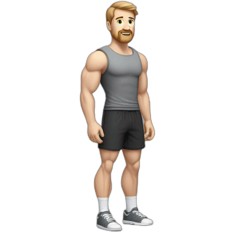 Full height Pale skinned muscular man With Realistic eyes and mouth, light brown hair and stubble In dark gray sleeveless mike, black oversize sports shorts, watch and white sneakers. emoji