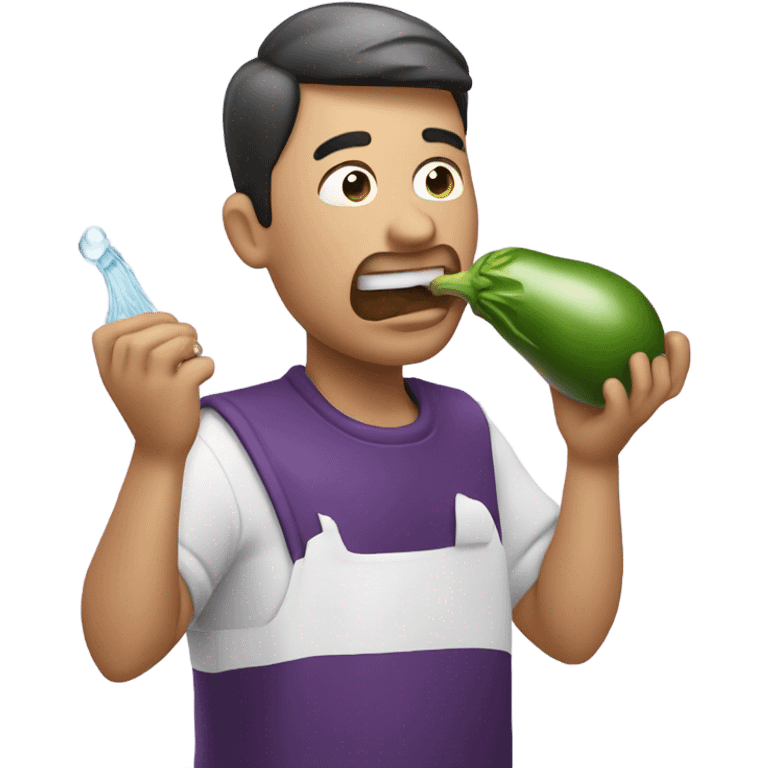 Man eating eggplant with water squirting out of it emoji