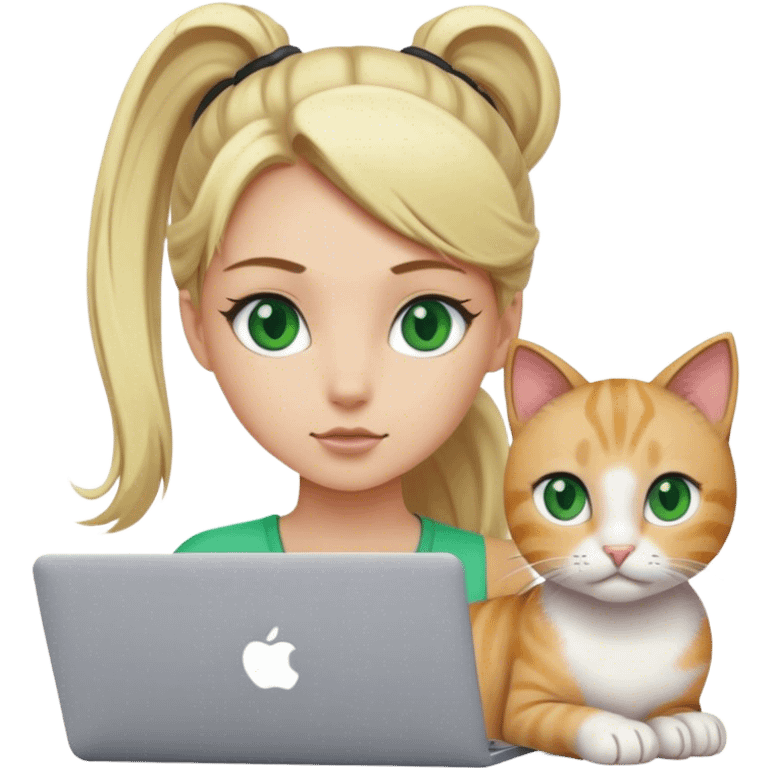 Blonde girl ponytail green eyes with macBook and a cat emoji