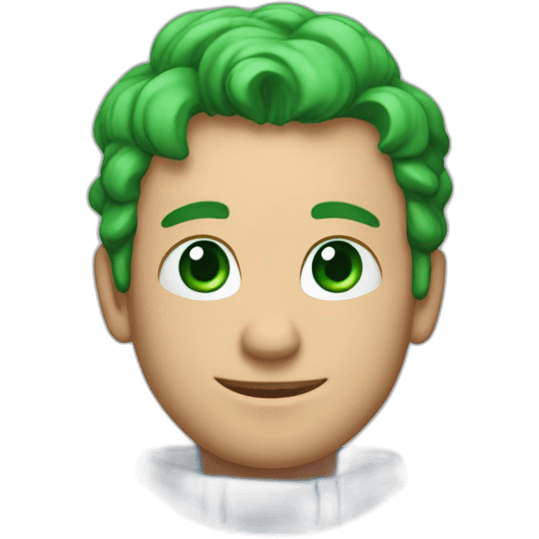 a man, green eyes, blue sweatshirt, green rubies on his head, waves hello emoji