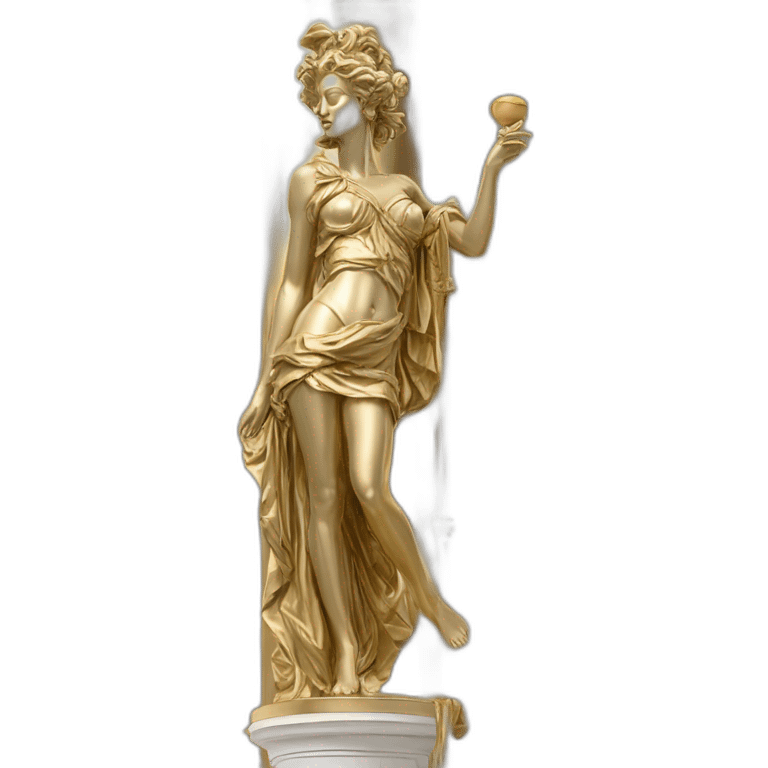 distant view of full length abstract renaissance color sculpture of a female figure with a mask on her face standing on a glistening gold greek column from an antique setting, 4K resolution emoji