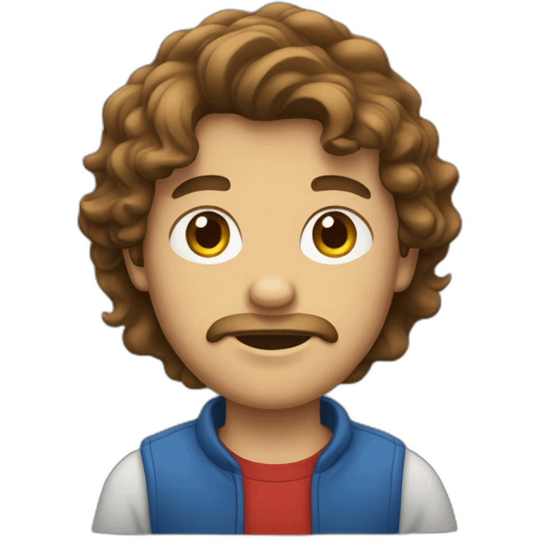 Guy with wavy, brown hair and Apple tshirt emoji