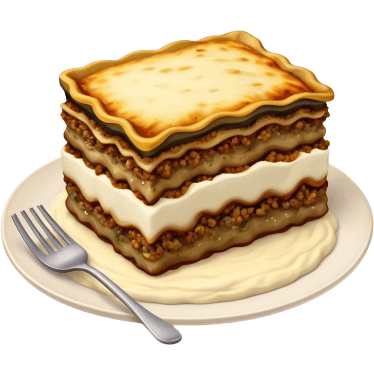 Moussaka Cinematic Realistic Moussaka Dish Emoji, depicted as a rustic serving of moussaka with layers of soft eggplant, ground meat, and a creamy topping featuring a delightfully crispy corner, rendered with rich textures and warm, inviting lighting. emoji