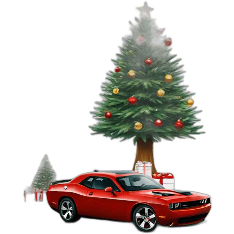 New Year beautiful Christmas tree and Dodge challenger SRT emoji