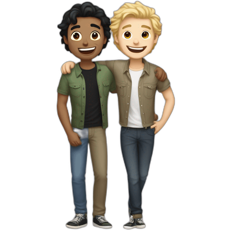 Gay couple, 1 guy Latino black straight hair and 1 Australian white guy with blonde slightly curly hair laughing full body and a cat as a pet emoji