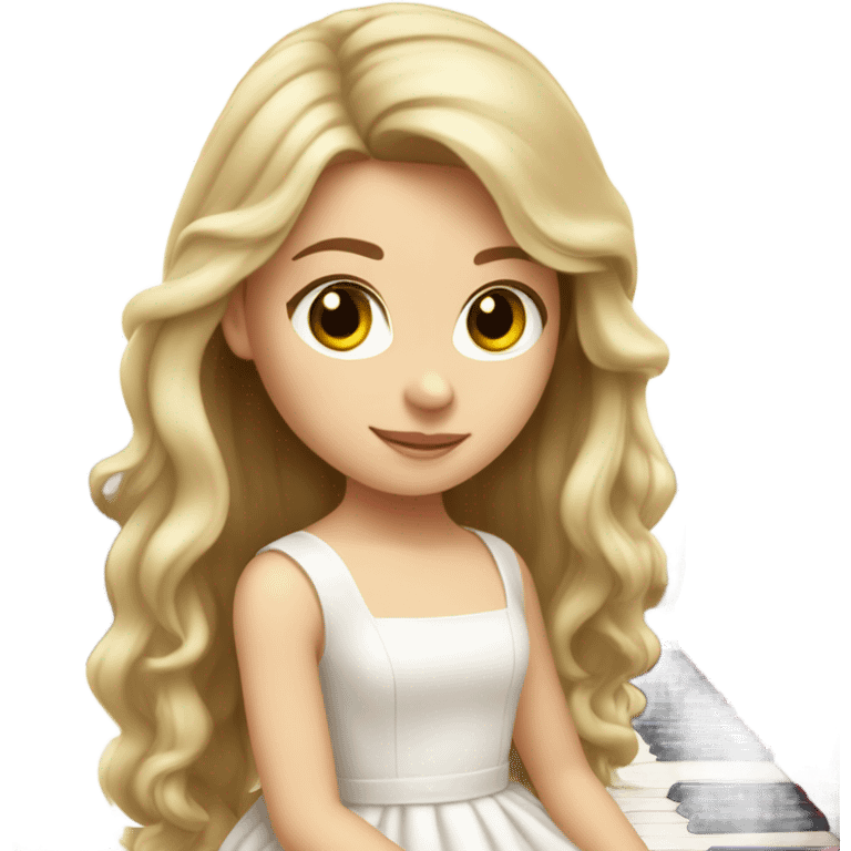 white girl with long hair and white soft dress and hair bow playing piano emoji