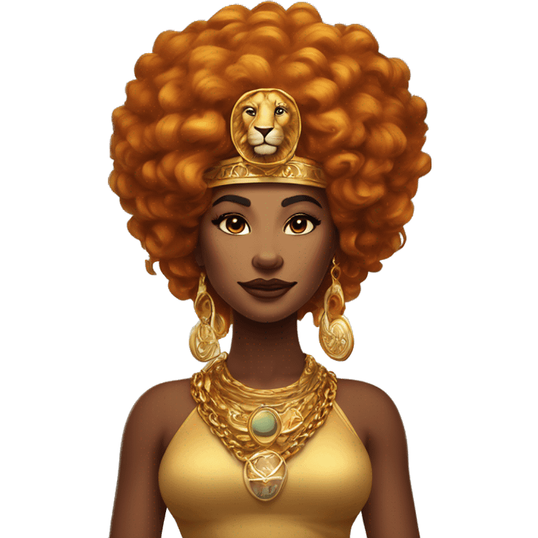 Create an emoji of a confident woman with voluminous lion-like hair, bold makeup, and gold jewelry, embodying the Leo zodiac sign with a regal expression and fiery energy. And a headgear of Leo sign emoji