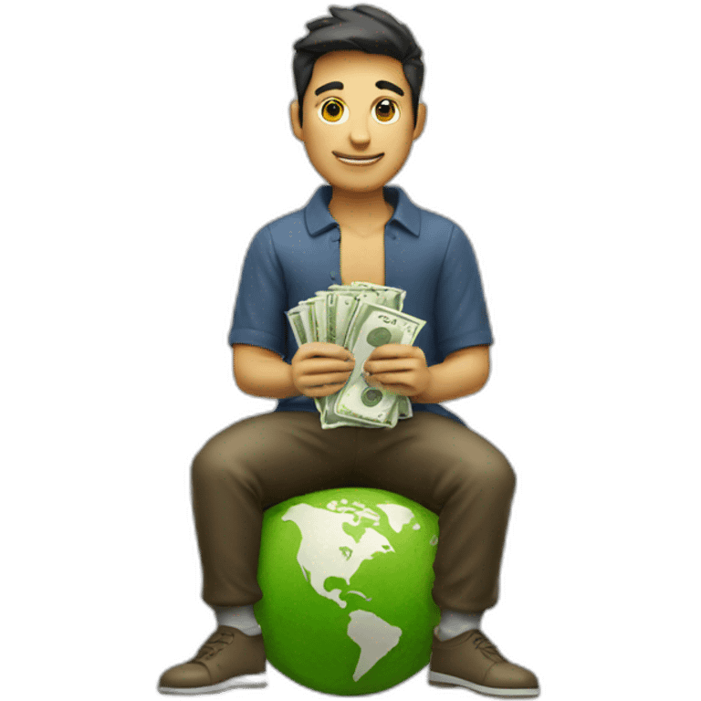 man sitting on globe with money bag emoji