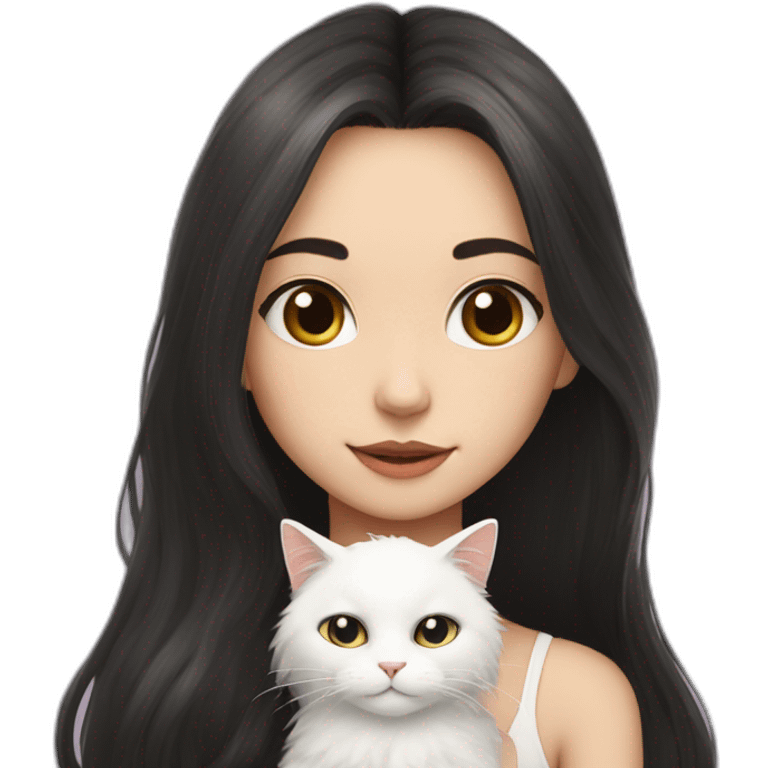 A girl with long dark hair and a white fluffy cat is lying on her left shoulder and neck emoji