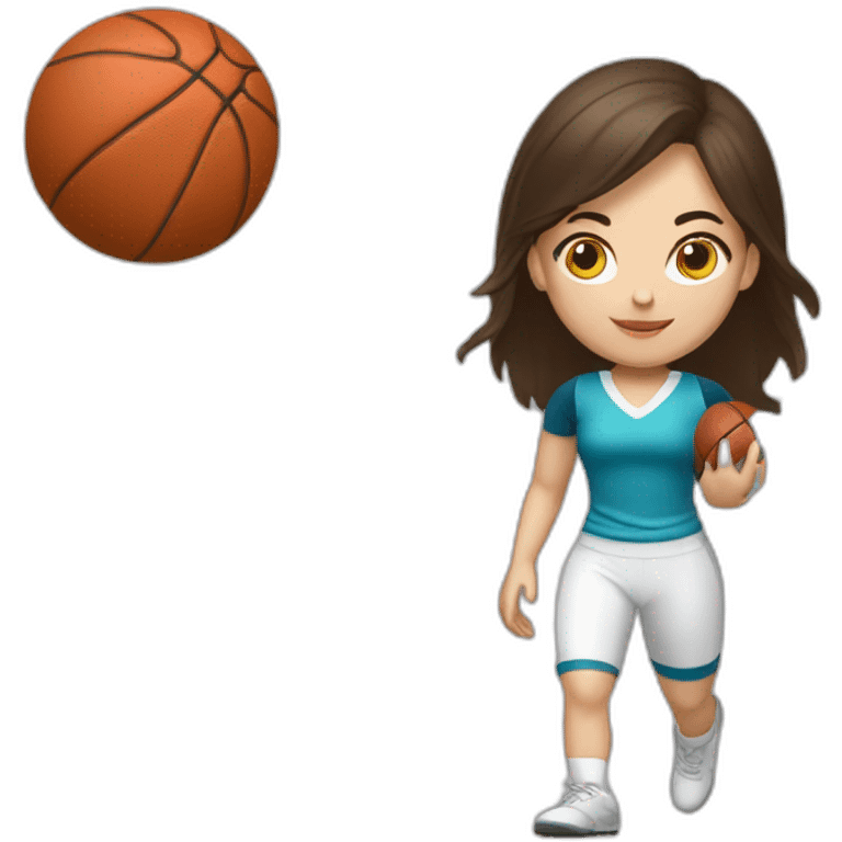 White skin brunette female playing football with very small basket ball emoji