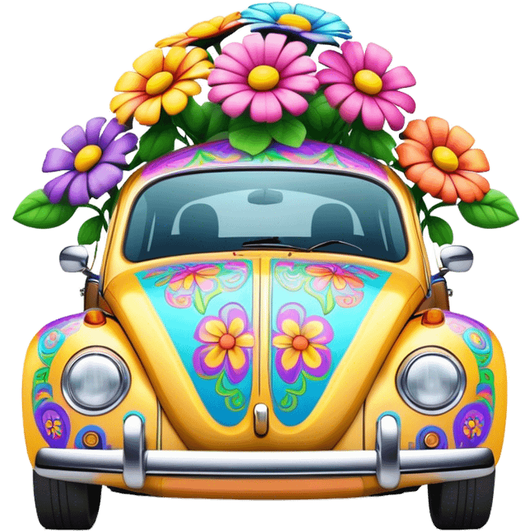 3D, psychedelic colored VW beetle with hippie style flowers emoji