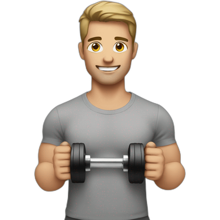 a man with grey tshirt with gym weights emoji