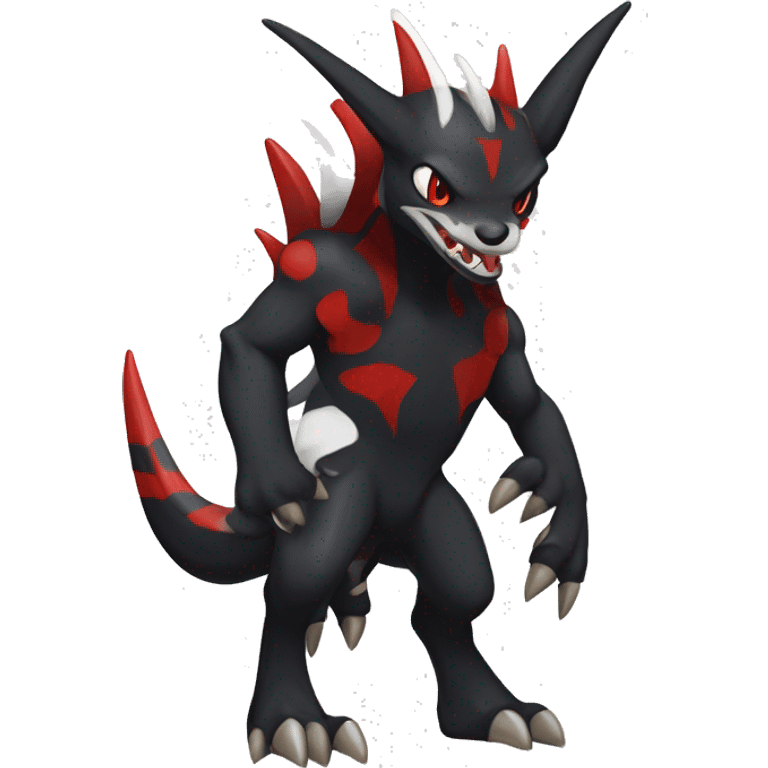 Black Cool Edgy Nargacuga-Houndoom-Garchomp Fakémon with Red and white Edgy markings, full body emoji